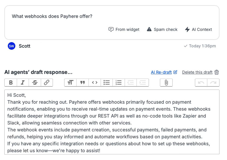 AI support interface showing customer inquiry about webhooks with detailed AI-drafted response