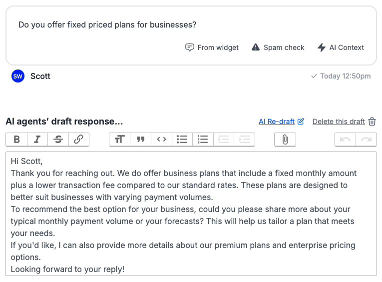 AI support interface showing customer inquiry about business plans with detailed AI-drafted response